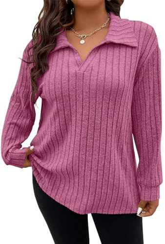 Gemulate Plus Size Ladies Clothes Womens Tshirts Long Sleeve Tops Casual V Neck Big Jumpers Plain Sweatshirts Tunic Pink XXL