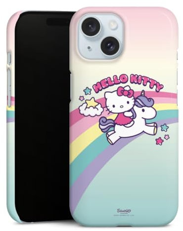 DeinDesign Premium Case kompatibel mit Apple iPhone 15 Smartphone Handyhülle Schutzhülle glänzend Hello Kitty Unicorn Bonbon