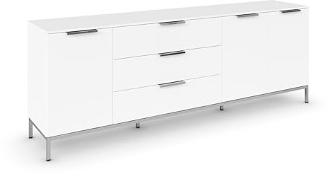 Rauch Möbel Flipp, Sideboard, TV-Schrank, Kommode mit Stauraum, mit Metallkufe Chrom, Alpinweiß, 3-türig, 3 Schubkästen, Griffe Chrom, 199x72x42cm