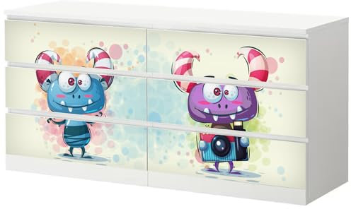 Sunnywall® Möbelfolie passend für IKEA Malm Kommode Schrankfolie Aufkleber mit Monster Motiv | blasenfrei verkleben | Kinderzimmer 6er 160 cm