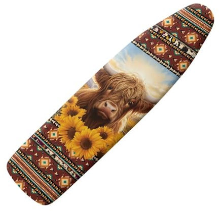 HUGS IDEA Sunflower Highland Cow Ironing Board Cover with Elastic Edges, Southwestern Aztec Geometric Heat Reflective Ironing Board Pad Protector Cover Replacement Accessories
