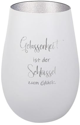 Der-Porzellan-Laden Windlicht mit Gravur Gelassenheit ist der Schlüssel zum Glück, Weiß Silber, Teelichthalter aus Glas mit Spruch, Tischdeko modern