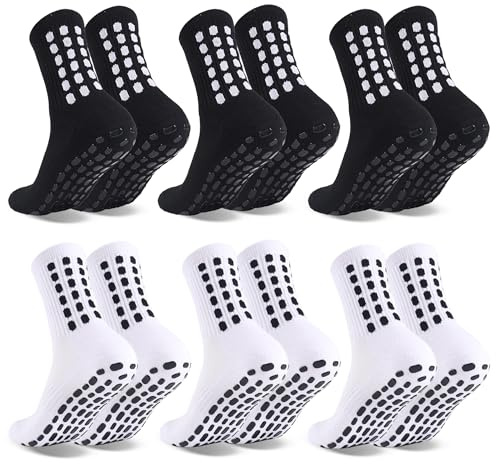Barrlves 6 Pairs Grip Soccer Socks Colorful Non Slip Sports Football Basketball Hospital Yoga Socks for Men Women(6 Pairs, 3pairs black+3pairs white)