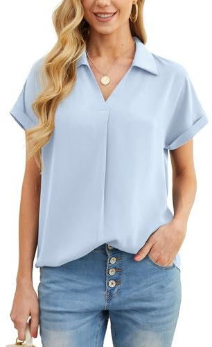IWOLLENCE Blouses for Women Short Sleeve Casual Work Tops Smooth Chiffon V Neck Turndown Collar Women's Blouse Pleated Tunic T Shirts (Light Blue, L)
