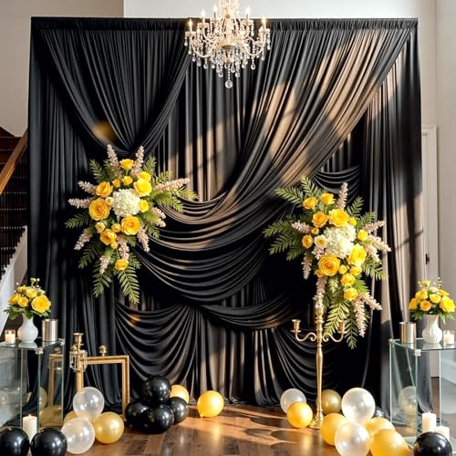 12×3 m Schwarz Fotowand Hintergrund Vorhang, 8 Platten 1,5×2,15m Faltenfreie Seide Polyester Geburtstag Hintergrund Fotografie, Hochzeit Party Babydusche Deko Kulissen Hintergründe Vorhänge