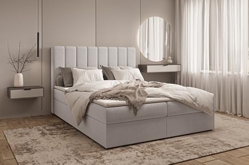 MOEBLO Boxspringbett 01 (Bonell-Matratze und Topper, Doppelbett gepolstertes Kopfteil mit Bettkasten Boxspringbett, aus Samt, Polsterbett Kontinentalbett, dekorativem Kopfteil) (Silber, 140x200)