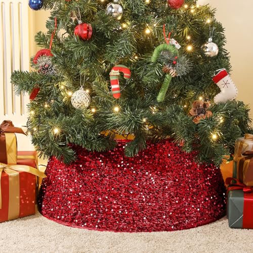 Lewondr Weihnachtsbaum Rock, 26 Zoll Christbaumdecke Deko Baumkragen mit Pailletten, Weihnachtsbaumdecke Faltbarer Weihnachtsbaumkragen für Urlaub Weihnachten Zuhause Party - Rot