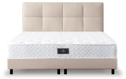 Z-hom Boxspringbett 213, Gepolstert Doppelbett mit Matratze 30 cm hoch - Taschenfederkern, Polsterbett, Kopfteil gesteppt und gepolstert, Continentalbett (Beige, 200 x 200 cm)