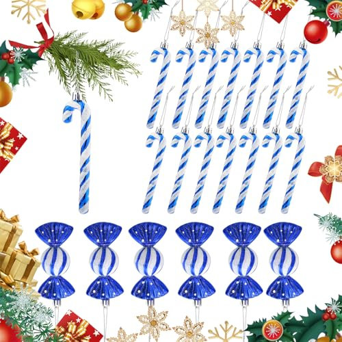 Fsoloni Zuckerstangen Weihnachten Deko,18 Stück Weihnachtskugeln Zuckerstangen Deko Glitzer Weihnachtsbaumschmuck Blau & Weiß Süße Weihnachtsanhänger Weihnachtsbaum Deko