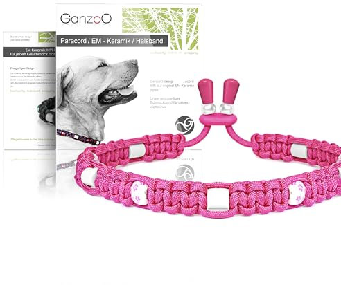 Ganzoo EM Keramik Hunde-Halsband/Paracord 550 Halsband mit Zier-Perlen und EM Tubes/EM Pipes/Größe L 52-64 cm/Dog Collar/verstellbar mit Kordelstopper/Farbe Fuchsienpink
