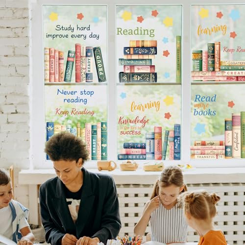 PLIGREAT 6 Sheets Vintage Book Window Clings, Reading Corner Window Stickers Peel and Stick Watercolor Window Decals for School Classroom Home Library Bedroom Double Sided Sliding Glass Door Decor