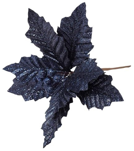 Navy Blue Poinsettia Christmas Tree Decorations Ornaments - Set of 6