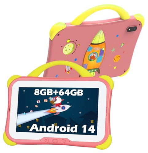 weelikeit Kinder Tablet, 7 Zoll Tablete für Kinder, 8GB RAM, 64GB ROM, Android 14 Tablets mit Bluetooth, WLAN, Doppelkamera, mit Kindersicherung, Lern Tab für Mädchen und Jungen (Rosa)