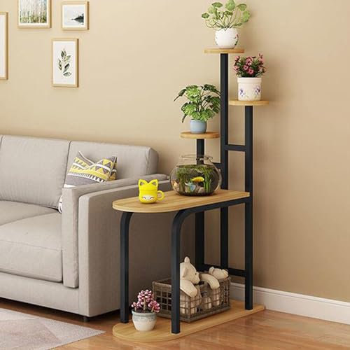 WLCNYL 5-stufiger Pflanzenständer - Freistehendes Blumenregal Aus Holz Und Metall Mit Topfregal, Pflanzenhalter - Leiterregal, Sofa-Beistelltisch Für Wohnzimmer, Schlafzimmer,E