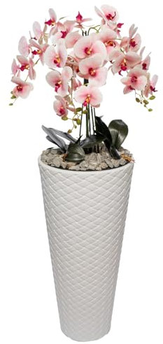 B4y Home dESING Kunstorchideen im Topf Kunstpflanze wie echt Gesteck groß XXL Hochtopf Weiß 140cm Gesamthöhe Restaurant Geschäft Terrasse Geschenkidee (Rosa)