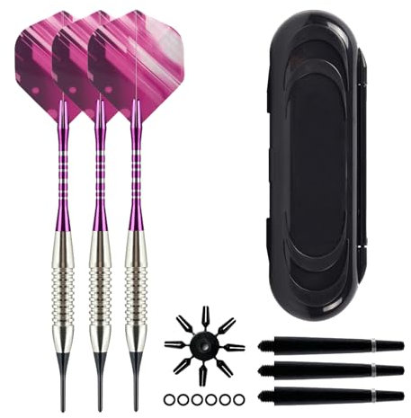 3 stück Dartpfeile mit Kunststoffspitze, für Elektronische Dartscheibe, Softdarts Dartpfeile mit Profi Softdarts Dartpfeil, mit 3 Flights 3 Aluminium Schaft 6 Anti-Lose Gummiringe (Lila Rosa)
