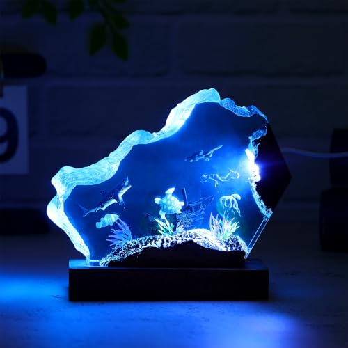 Drawelry 3D Epoxidharz Ozeanfigur Ornamente mit Holzsockel, LED Buntes Nachtlicht, Harz Ozean Tier Statue Hai Wale Pinguin Oktopus Figuren Skulptur Kunsthandwerk Mini Meere Aquarium Dekoration (B5, M)