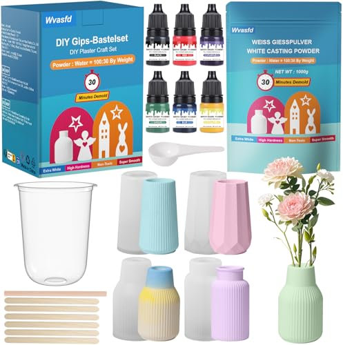 Wvasfd Kit de Plâtre pour Moulage Moules,1000g Poudre de Moulage Blanche, 4 Moules à Couler Vase Silicone, 6 pigments, Poudre de Moulage pour Coulée avec Béton