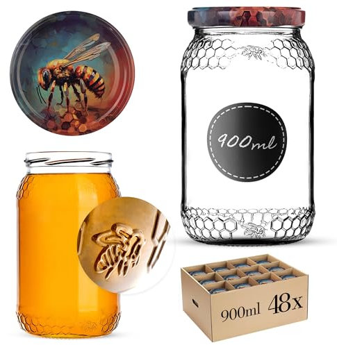 KADAX Lot de 48 bocaux à miel, 900 ml, avec couvercle à visser fi82 mm, pour le miel, les pots à confiture, les conserves (abeille)