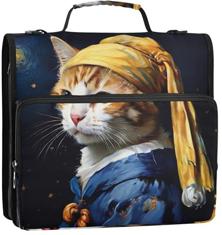 Funny Cat Cute Zip Up Binder Organizer 3 Ring Binders D Ring Middle School Binder Bag with Strap Portfolio Hold 500 Sheets Holder