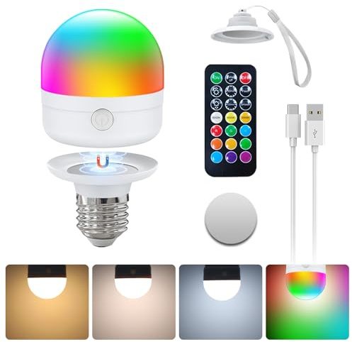 USB-C Aufladbare Glühbirne mit Fernbedienung,E27 LED Lampen 7W,CCTRGB Dimmbar Wiederaufladbare Glühbirne mit Timer und Batterie,2000mAh Outdoor Notlicht Mit Magnetische,1 Pack(mit Umhängeband)