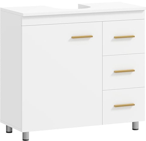 HOMCOM Armario para Lavabo con 3 cajones, Armario de 3 estantes y Cierre Suave, Armario para Lavabo con Corte en U Que Ahorra Espacio, para lavabos con y sin Pedestal, 70x30x65cm, Blanco