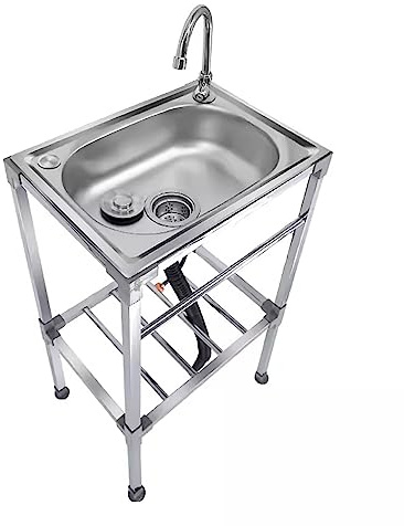 Tragbare Edelstahl-Küchenspüle mit Wasserhahn, kompakte Outdoor-Spüle für Camping, Garten, Bar, unabhängiger Ständer im Lieferumfang enthalten (Größe: 38 x 33 x 83 cm)