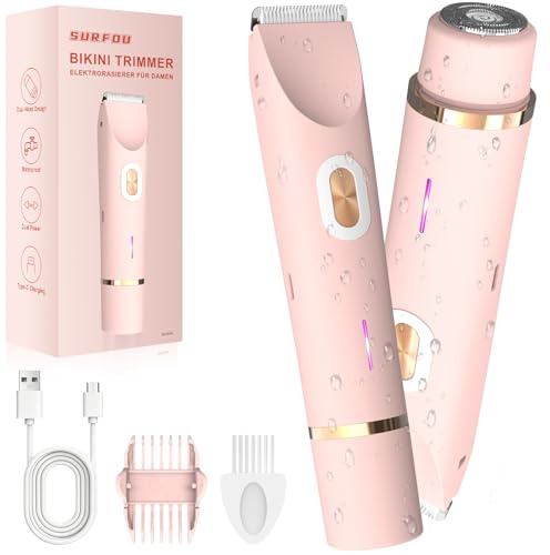 SURFOU Rasoir Electrique Femme 2 en 1, Tondeuse Intime et Visage, Rechargeable, Utilisation Humide et Sèche, IPX7 Étanche, Trimmer pour Bikini, Aisselles, Jambes et Bras