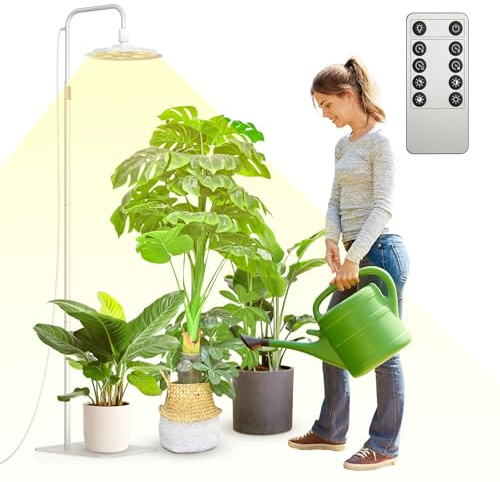 SANSI LED Pflanzenlampe Vollspektrum für Zimmerpflanzen, 125W Stehende Dimmbare Grow Lampe mit Fernbedienung für Pflanzenwachstum, 120–180cm Höhenverstellbar, 4/8/12 Stunden Timer, 4 Helligkeits