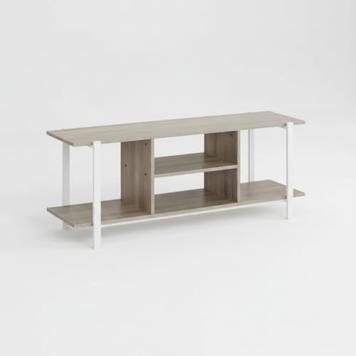 INDE MOBLEKIT | Mueble Auxiliar Bajo con 4 Compartimentos 120x35x46 cm, Estructura Metálica Blanca y Tablero de Madera Mate, Estantería Abierta para Salón, Dormitorio o Recibidor