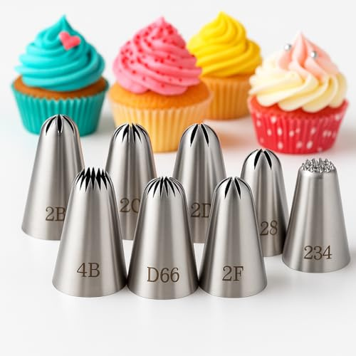 8 Piece Large Piping Nozzle Set – Stainless Steel Icing Tips for Cupcake and Cake Decorating, Seamless Reusable Baking Nozzles for Buttercream Swirls, Flowers, Borders and Professional Style Designs