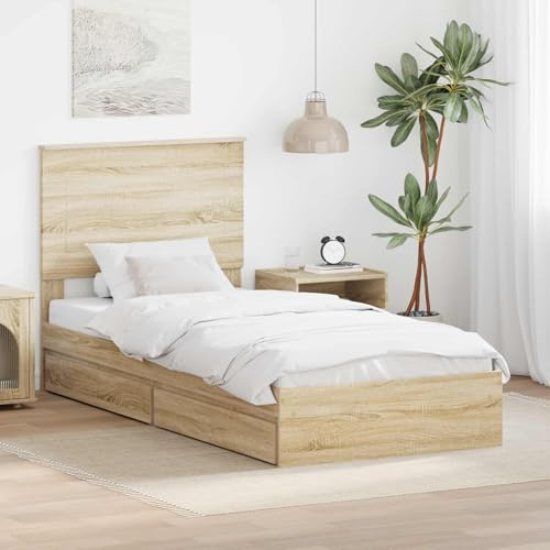 Tonture Stauraumbett Sonoma-Eiche 90x200 cm, Holzwerkstoff, Einzelbett mit Lattenrost, 2 Schubladen, modernes Design, Robustes Schlafzimmermöbel für Erwachsene