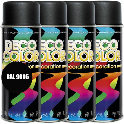 DECO COLOR 4er Sparpack Lackspray 400ml glänzend nach RAL - Farbauswahl (4 Dosen in schwarz matt RAL 9005)