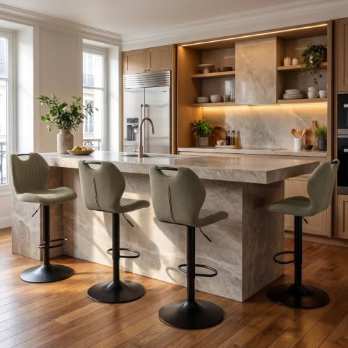 WAFTING Barhocker 360° drehbar Höhenverstellbar, 4er Set, Braun | Sitzhöhe 60-80 cm, Fußstütze und Rückenlehne, belastbar bis 130 kg, für Kücheninsel, Theke und Essecke