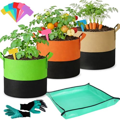 CHMMY Sac de Plantation Lot de 3, Sacs à Patates de 10 Gallons avec Gants Tapis de Jardin et étiquettes Plantes, Sacs de Plantation pour Pommes de Terre, Légumes et Fleurs au Jardin et à l'extérieur