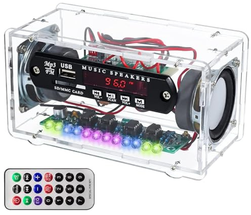Machify Drahtloser 5.0 Lautsprecher-Bausatz zum Löten mit FM-Radio, transparentem Acrylgehäuse, DIY-Elektronik-Kit mit tongesteuerter Pegelanzeige, USB-, SD-Karten- und AUX-Eingang für Bastelprojekte