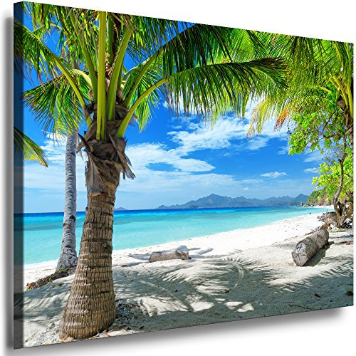 Julia-Art Leinwandbilder Landschaft Bild 120 x 80 x 2 cm - Wandbild 1 teilig - Wand Deko Modern Design Kunstdruck Palmen Strand Meer HR77-6