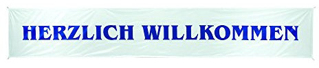 Fahnen Kössinger Stofftransparent, Werbebanner, Spannbanner „Herzlich Willkommen“, Blauer Druck, Synthetik, UV-beständig, sehr haltbar, mit Schlaufen und Gurtbandverstärkung