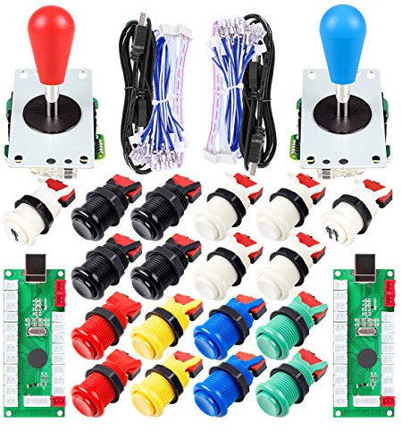 2 Piezas de Arcade Joystick para bricolaje codificador USB + 2X Ellipse Oval Joystick Handle 18x Botones estilo americano Arcade para PC, MAME, Raspberry Pi, sistema Windows (Kit Mezcla De Colores)