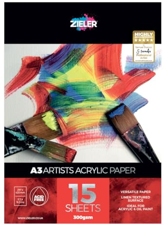 Acrylic Painting Pad - 300gsm Paper, 15 Sheets - by Zieler™ Linen Textured Surface & Acid Free. Ideal for Acrylic Painting. (A3)