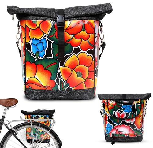 IKURI Fahrradtasche für Gepäckträger Satteltasche Einzeltasche Packtasche, abnehmbar, mit Tragegurt zum Umhängen, aus Wachstuch, UNISEX, Wasserdicht - Modell Tehuana Schwarz