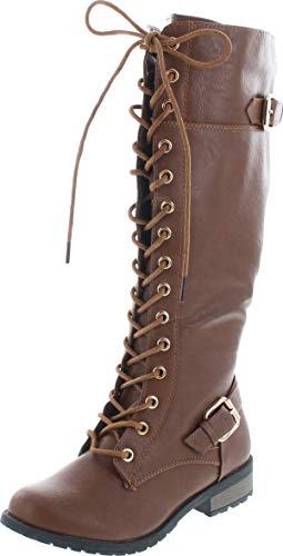 Forever Link Mango-27 Women's Strappy Lace-Up Knee High Combat Stacked Heel Boot, Tan, 6.5