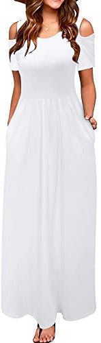 STYLEWORD Women's Summer Cold Shoulder Short Sleeve Maxi Dress Solid Elegant Long Dress with Pockets(White,L)