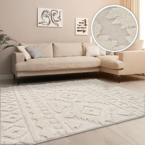 TT Home Wohnzimmer Teppich Hochflor Langflor Schlafzimmer Boho Design 3D Design Skandi Design Modern Unifarben, Farbe: Beige, Größe:120x160 cm