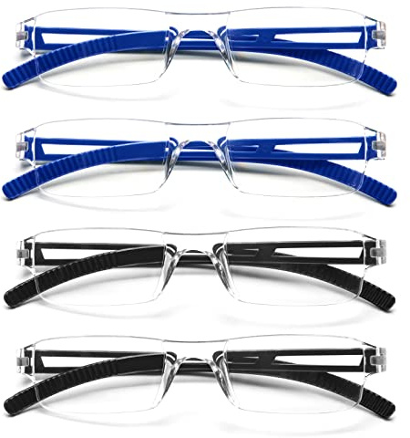MMOWW 4er Pack randlose Lesebrille für Damen und Herren mit klarer | Rechteckig, Blaulicht-Blockierbrille