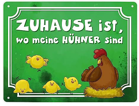 Zuhause ist, wo meine Hühner sind Metallschild XL in 21x28 cm mit Huhn und Küken als lustige Dekoration für das Zuhause und den Hühnerstall und auf dem Bauernhof