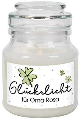 Herz & Heim® Dankeschön-Geschenk Duftkerze mit persönlichem Etikett ca. 7 cm x 10 cm (Ø/H), Glückslicht