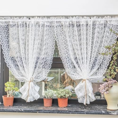 Yaland Tendina per finestra con design a pizzo, delicata tenda traslucida in cucina, stile rustico, 1 pezzo, bianco, larghezza x altezza: 130 x altezza 150 cm