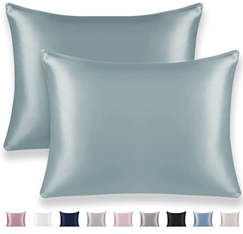 Texbee Seidenkissenbezug 40x60cm für Haar und Haut 2 Stück Beide Seiten 22 Momme Natürliche Kissenbezug Seide mit verstecktem Reißverschluss Weiche Atmungsaktive Glatte Standardgröße-Nebliges Blau