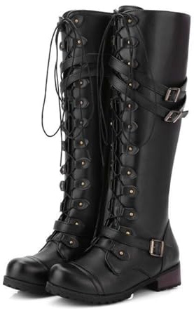 Donna Punta Tonda Stivali Alti al Ginocchio Rivetto in Pelle Casuale Boots Goth Punk Stringata Scarpe Invernali da Motociclista,Nero,43 EU